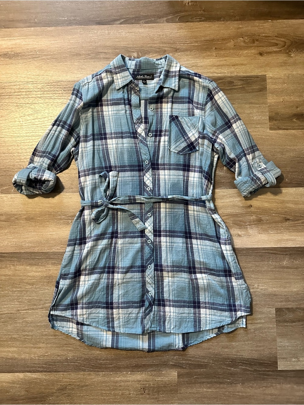 North River Women’s Plaid Shirt Dress – Size Large – Blue – Waist Tie
